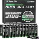 Taken Rechargeable AA Batteries 3100mWh 24-Pack NiMH High Capacity, Double A Batteries Made Using 25% Recycled Content, Recharge up to 2000x Times, Pre-Charged