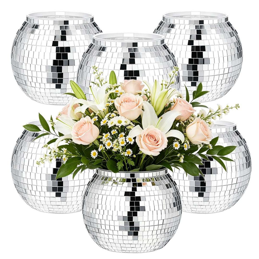 Hyonihao Disco Ball Vase,6" X 6.7" 6 Pcs,Silver Mirror