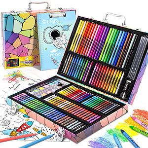 Art Supplies, 180 Pack Drawing Painting Set for Kids Girls Boys Teens, Coloring Art Kit Gift Case with Clipboard, Coloring Papers, Oil Pastels, Crayons, Colored Pencils, Watercolor Cakes, Markers,