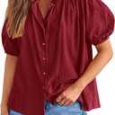 PRETTYGARDEN Women's Summer Button Down Shirts Short Lantern Sleeve V Neck Cotton Cute Dressy Casual Ladies Tops Blouses (Medium, Burgundy)