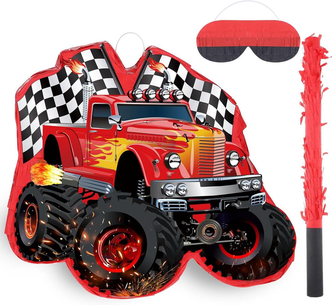 Red Truck Piata of Monster Small Piata Race Car with Blindfold and Stick for Kids Boys 14.1 x 12.6 x 3.2 Inch Birthday Truck Party Supplies Construction Themed Party Games Decorations