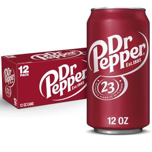 Dr Pepper Soda, 12 fl oz cans, 12 pack (EXP 03/13/27)