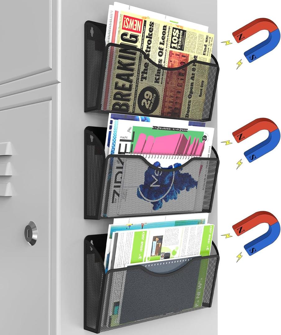 Magnetic File Holder 3PCS Wall File Folder Organizer, No Drilling Hanging Magazine Rack for Refrigerator, Document Paper Mail Folder Holders Office File Magnetic Organizer (Black)