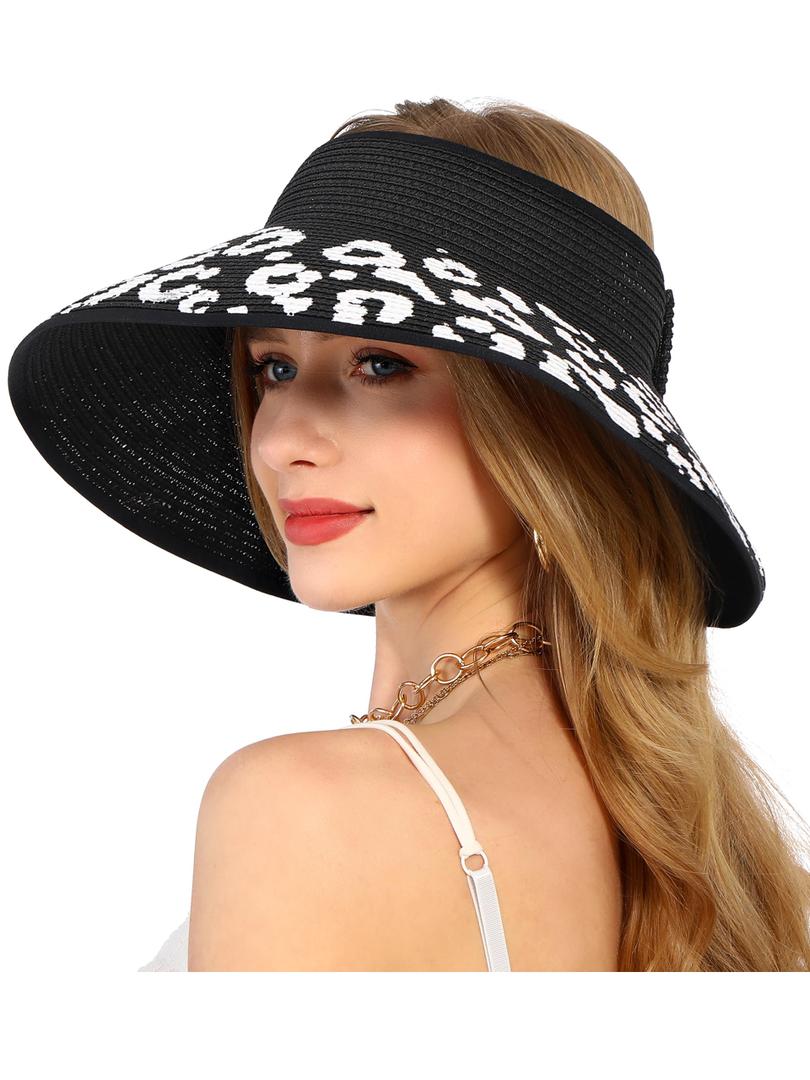LA CARRIE Wide Brim UV Protection Sun Hats for Women with Leopard Trim Straw Roll Up Beach Visor Hat UPF 50+(Black with Leopard 2) (Black)