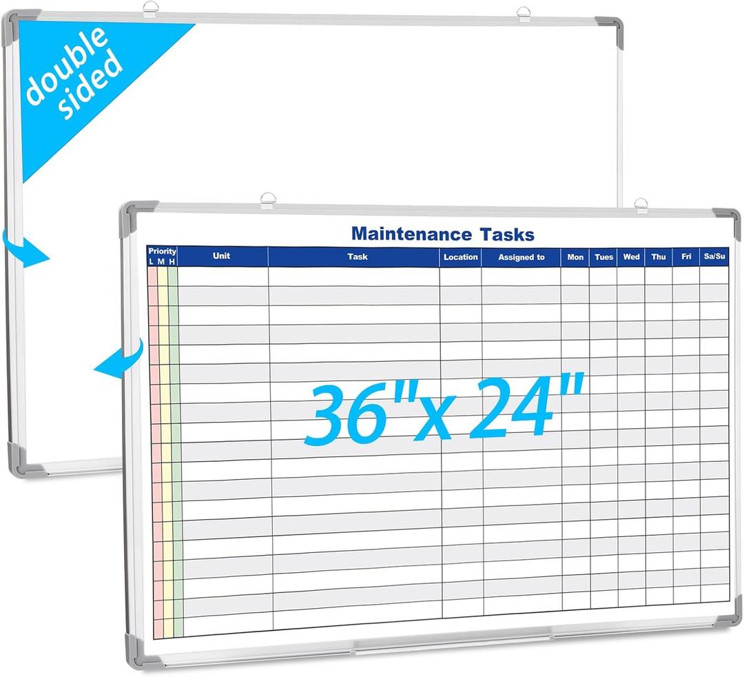 Lincia Double Sided Magnetic Maintenance Task Whiteboard 36 x 24 Inch