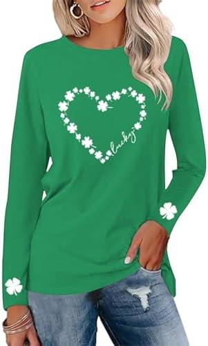 Saint Patricks Day Shirt Women Long Sleeve Green St Patricks Day Shamrock Shirt Irish Lucky Clover Heart Graphic Tee Top, M