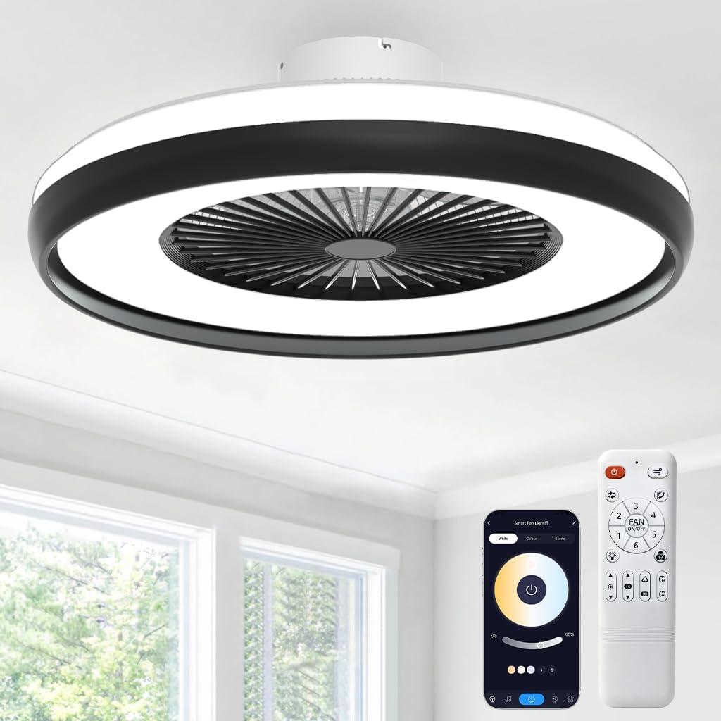 Bladeless Ceiling Fan with Light, 24'' Flush Mount Low Profile Ceiling Fans with Remote & APP Control, 2700-6500K CCT Adjustable, 6 Speeds Dimmable Fan Light for Kids Room, Bedroom, Small Dining Areas