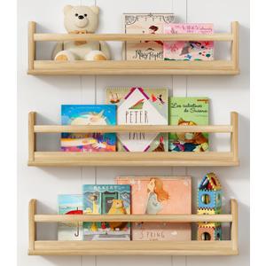 Harwaya Natural Wood Wall Bookshelf for Kids Bedroom Set of 3, 24 Inch Wooden Floating Nursery Book Shelves for Baby Boy Girl Room, Wall Mounted Toddler Book Shelf for Toy Organizers and Storage