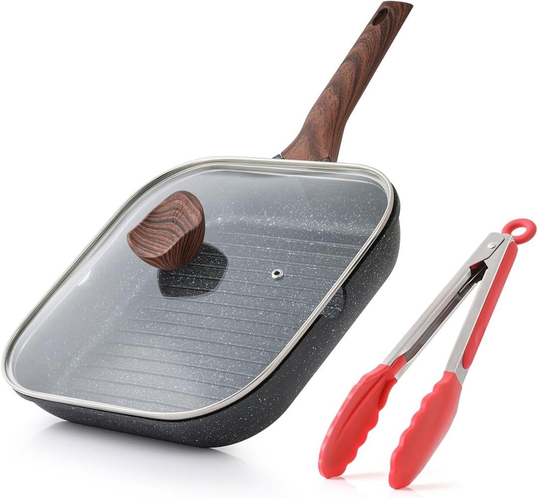 Kordisen Nonstick Grilling Pan with Lid for Stove Tops, 11 Inch Square Grill Pan for Indoor Cooking, Granite Coating Grill Skillet with Pour Spouts, Versatile Griddle, Induction Steak Pan, PFOA Free (Black)