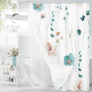 Gibelle 3 in 1 Shower Curtain Set, Teal Watercolor Floral Bath Curtain and PEVA Liner Set with 12 Double Sided Steel Hooks, Waterproof Fabric Bathroom Curtain 72x72