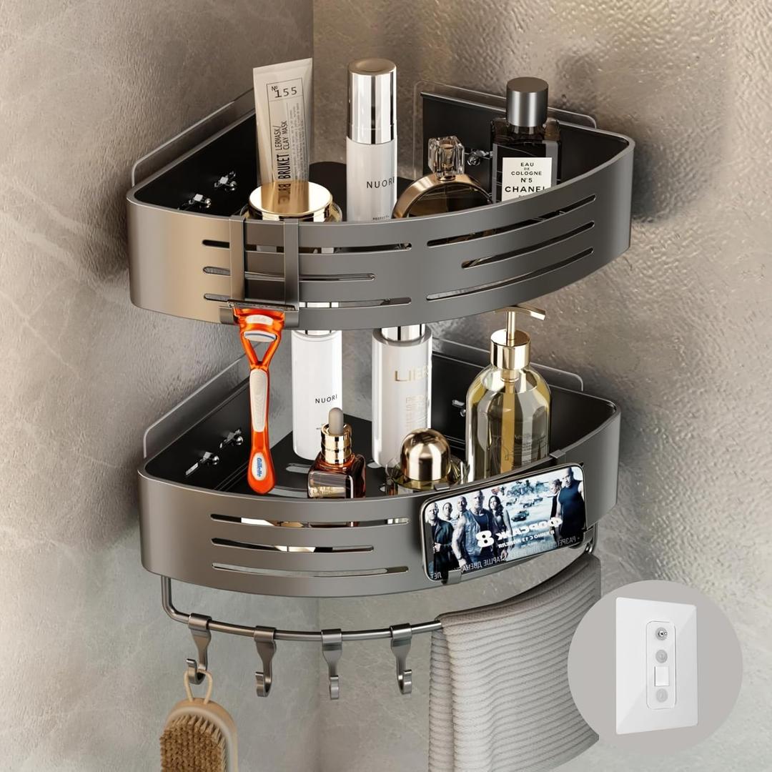 Voldra 2 Pack Corner Shower Shelves, Aluminum Stick On Showers Organizer, Modern Style, Triangular Corner Shelf, No Drilling Required (Adhesive Strip-Corners)