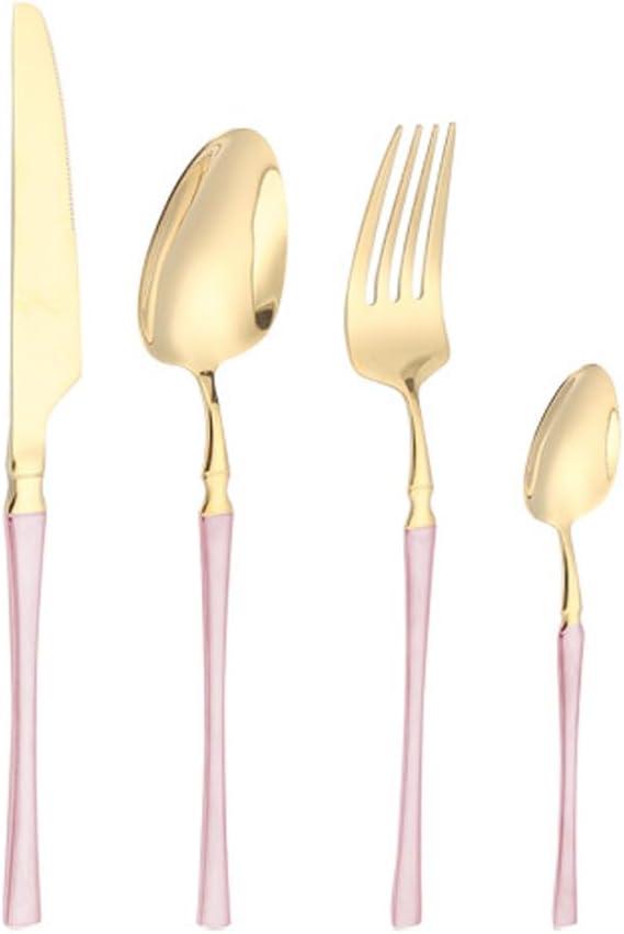 Small Waist Handle Kitchen Stainless Steel Silverware Tableware Flatware Cutlery Set Steak Knife Fork Spoon Teaspoon (Gold pink,4 pieces)
