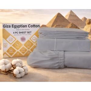 MyGiza Sheets 4 Pcs Full Sheet Set, 100% Certified Giza Egyptian Cotton, Soft & Luxury Sheets fits 15 Inches Deep Mattress, Light Grey