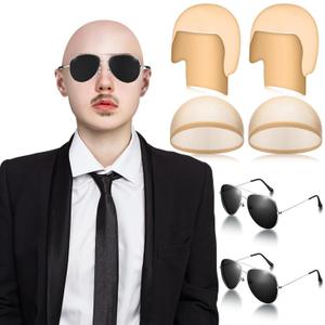 Mepase 6 Pcs Halloween Bald Cap with Glasses Bald Head Wig Cap Party Costume Accessories for Adults Women Men Cosplay(Smooth)