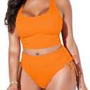 Pink Queen Women's Scoop Neck Racerback Ruched Crop Top High Waisted Bikini Sets 2 Piece Swimsuit Bathing Suit (X-Large, Orange)