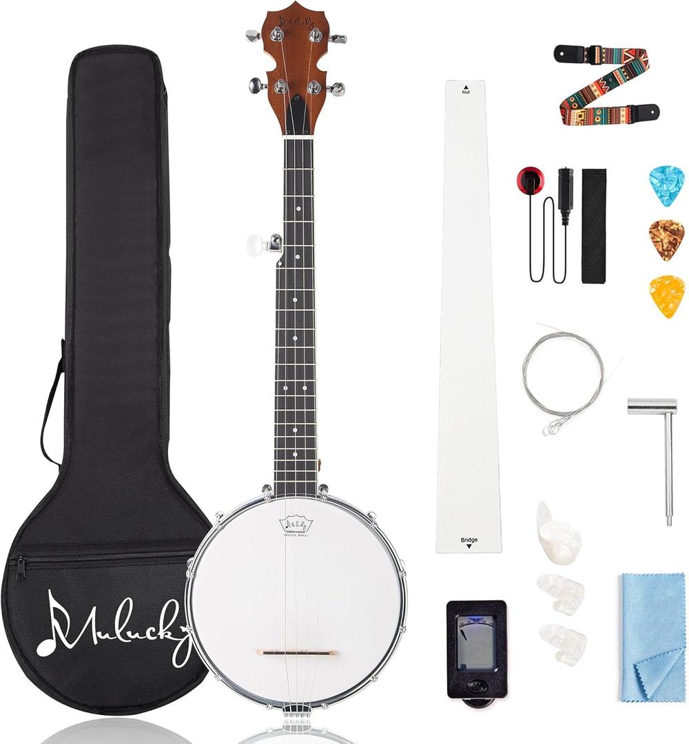 5 String Banjo Mini - Mulucky 26 Inch Travel Banjo Sapele Body Closed Solid Back Beginner Kit With Gig Bag Picks Strings Strap - B806