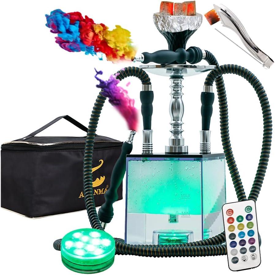 2 Hose Hookah Set With Travel Case Clean Brush, Micro Cube Acrylic Hookah with Silicone Hookah Bowl 2 Leather Hose Foil Sheet Coal Tongs Magical Remote LED Light for Better Shisha Narguile Smoking