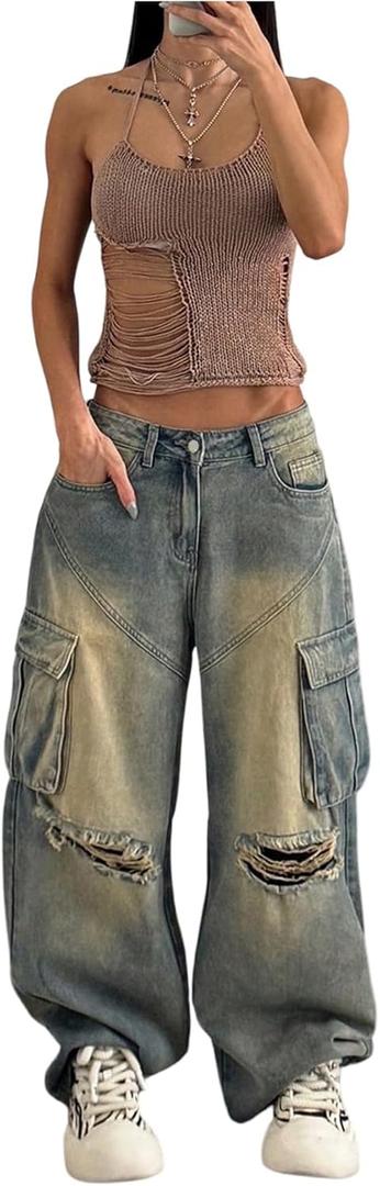 Women's Ripped Sweater Tank Tops Y2K Sleeveless Backless Knit Crop Halter Top Coquette Clothes (Beige, XS)