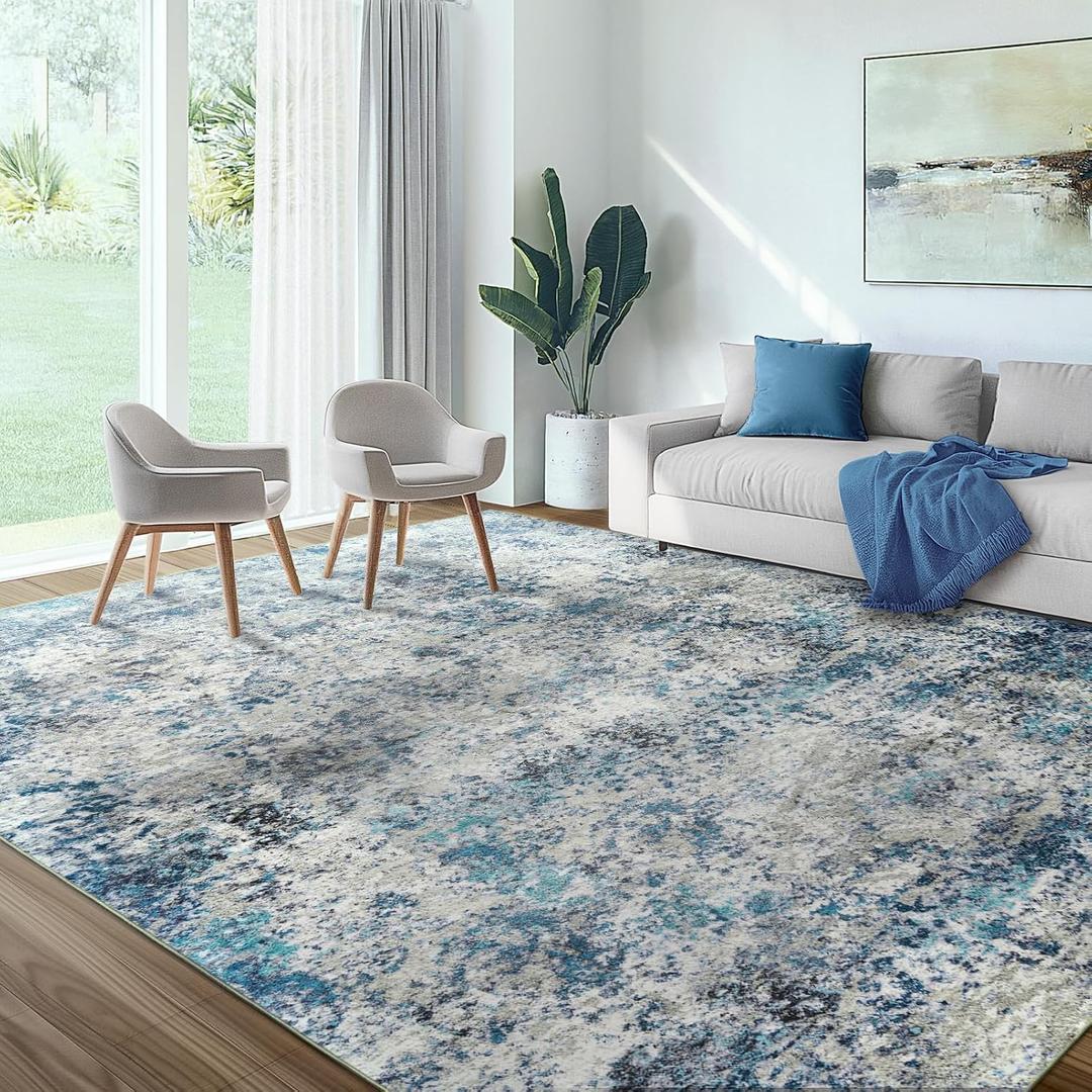 10x12 Area Rug for Living Room - Washable Abstract Rus Modern Neutral Soft Rug for Bedroom Dining Room No Slip Low Pile Carpet for Nursery Home Office - Grey/Blue
