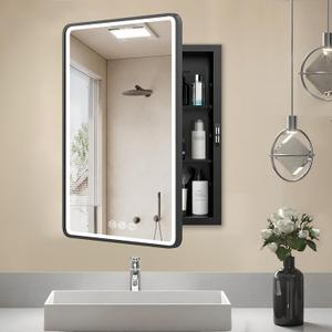 LED Medicine Cabinet Mirror for Bathroom 18x26 Inch, Recessed Medicine Cabinets with Lights, Anti-Fog Bathroom Mirror with Storage, Black Metal Frame, Adjustable Shelves, 3 Color Dimming