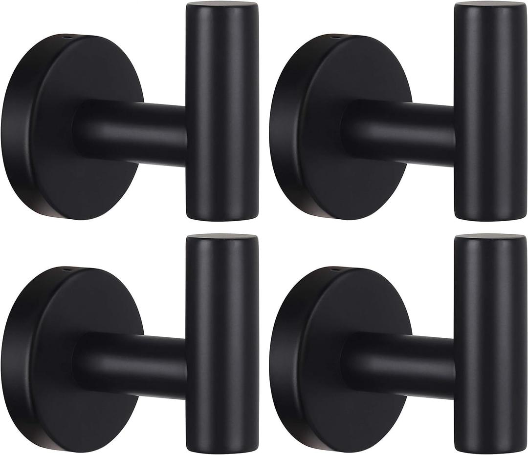 Kruodop Towel Hooks for Bathroom,4 Packs Wall Mount Towel Holder,Black Matte Wall Robe Hook,Stainless Steel Heavy Duty Door Hanger Towel Hook for Kitchen, Bedroom,Hotel,Pool,Coats - Black