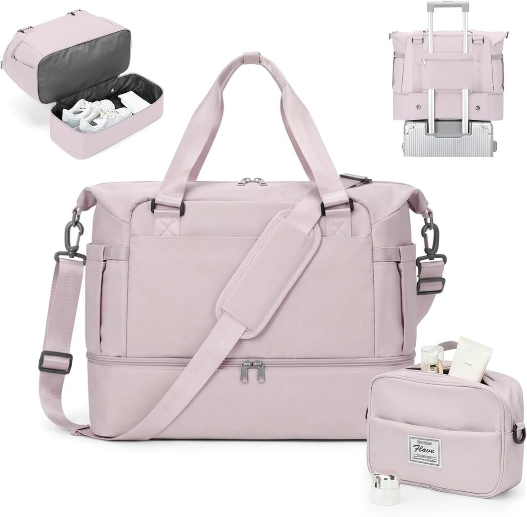 Weekender Bags for Women, Travel Duffel Bag with Shoe Compartment & Wet Pocket, Carry On Personal Item Overnight Tote Duffle Bag for Airlines - Lotus Pink
