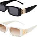 Allarallvr Rectangle Sunglasses for Women 90s Retro Trendy Y2K Classical Vintage Square Shades AR82037 (B2 Pack Darkblack+beige White)