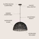 JONATHAN Y 20" Black Modern Bohemian Woven Rope LED Pendant Light Fixture, Adjustable Dome Ceiling Lamp for Kitchen Island, Rope Shade, Coastal Farmhouse Decor (JYL6504C)