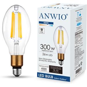 ANWIO LED ED28 Filament High Brightness Bulb, 26W(300W Incandescent Equivalent) Nondimmable 4000K Neutral White Light with E26 Base, 4000Lm Alternative for HID/HPS/Metal Halide Bulb