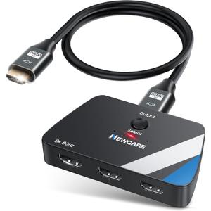 NEWCARE 4K@120Hz HDMI Switch 3 in 1 Out, HDMI 2.1 Splitter 8K@60Hz with 2.6 ft HDMI 2.1 Cable, HDMI Switcher Support 48Gbps, HDR10+, VRR, Dolby, HDCP 2.3, Compatible with PS5/PS4 Xbox TV Projector