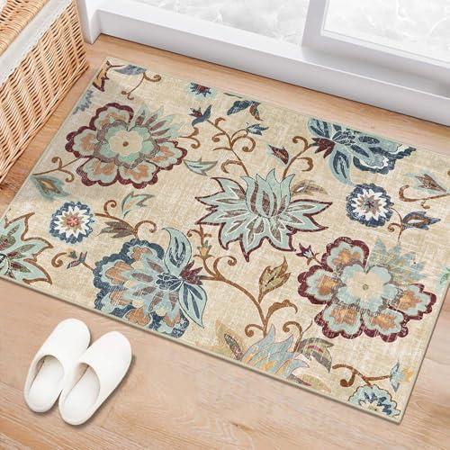 Beeiva Floral Rugs for Entryway 2x3, Paisley Washable Entryway Rug Non Slip Ultra Thin, No Skid Throw Door Mat Indoor Entrance Small Carpet for Kitchen Bathroom Bedroom