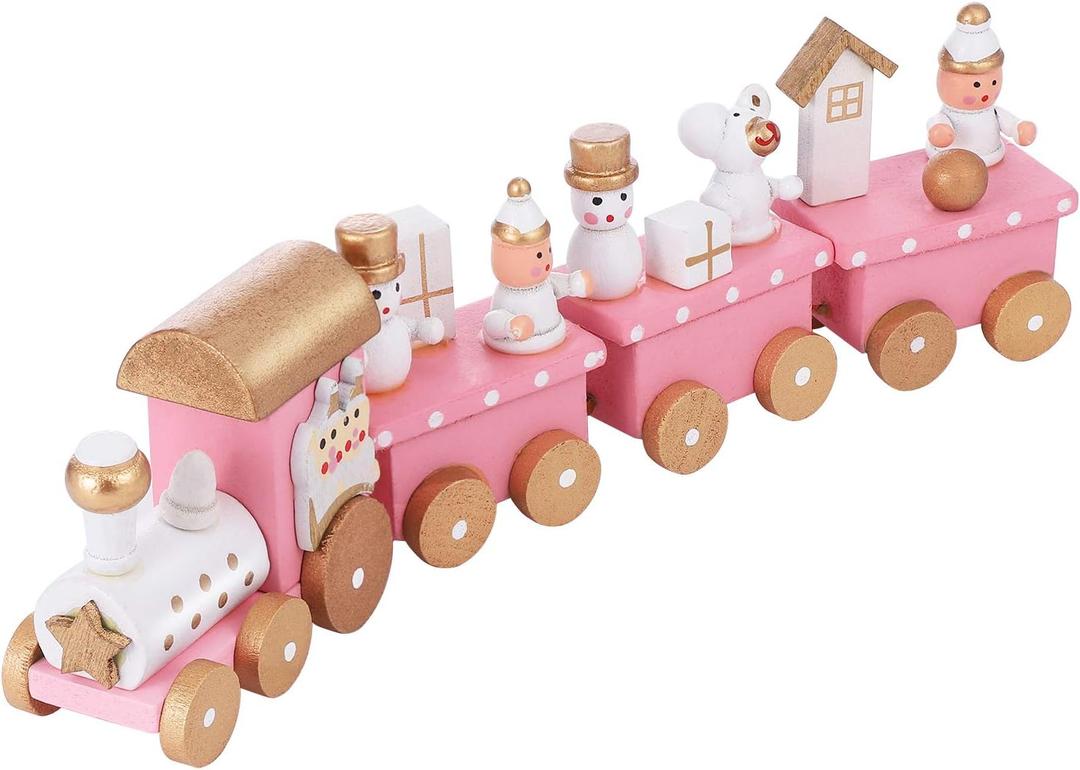 NUOBESTY Winter Wonderland Wooden Mini Train Set for Christmas Party Decorations Under Tree Pink