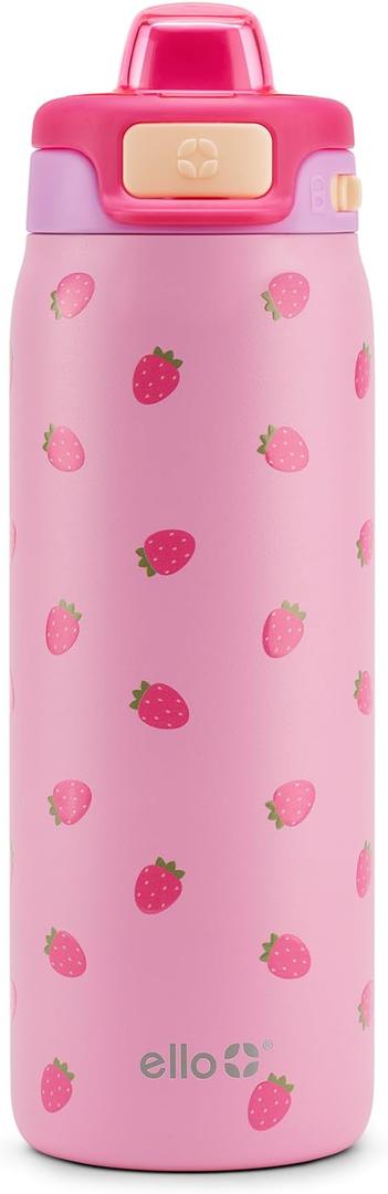Ello Pop & Fill 18oz Stainless Steel Kids Water Bottle with Quick Fill Lid | Vacuum Insulated BPA Free Bottle with Leak Proof Straw and Chug Lid, Dishwasher Safe, Gift For Kids Teens, Strawberries