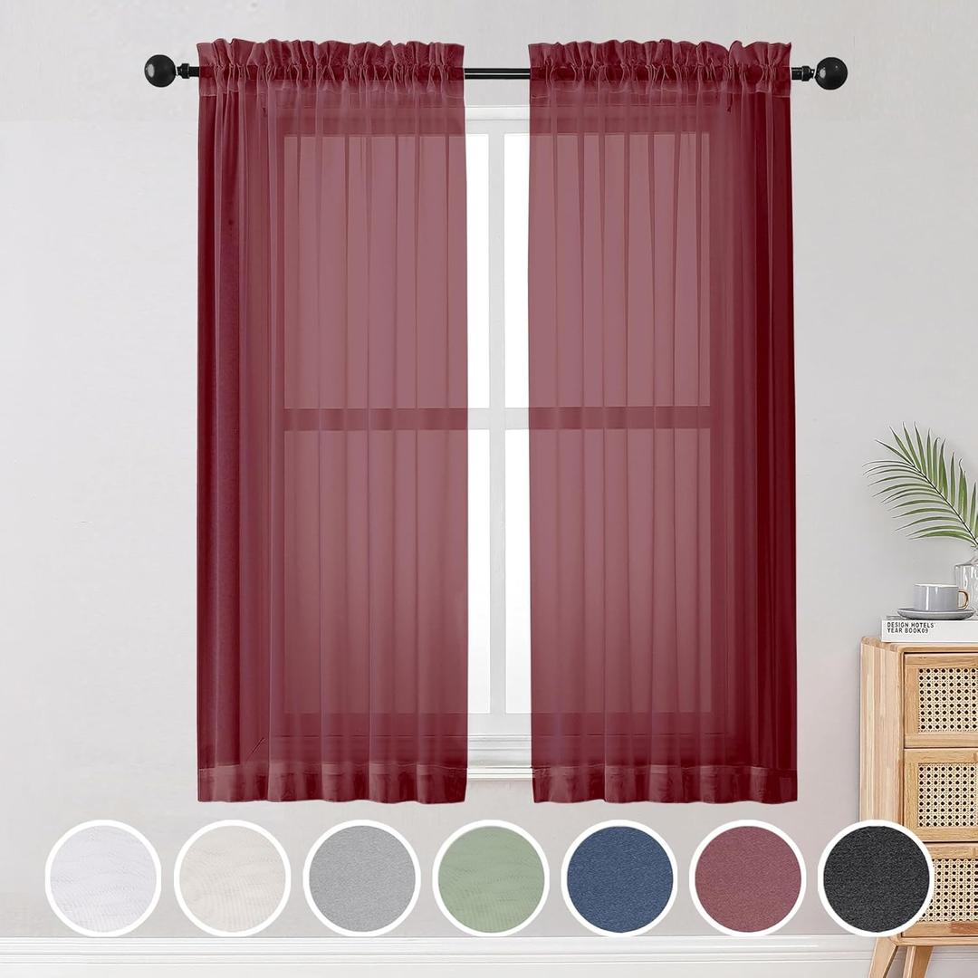 OWENIE Sheer Curtains, Sheer Curtains 63 inch Length 2 Panels Set, Rod Pocket Voile Fimly Sheer Drapes for Living Room/Bedroom, 2pcs, Each 42" W x 63" L, Burgundy