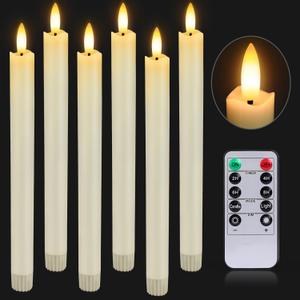 HINZER 6 Pcs Flameless Taper Candles with Remote & Timer 9.6 inch Real Wax Battery Operated LED Warm 3D Wick Flickering Window Candles for Halloween Christmas Wedding Decor, Ivory