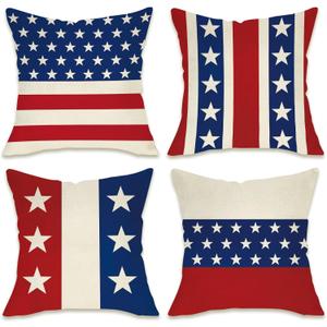 Fahrendom 4th of July Patriotic Decorative Throw Pillow Covers 18 x 18 Set of 4, America USA Red White Blue Stripes Stars Porch Outdoor Pillowcase, American Independence Day Cushion Case Home Decor