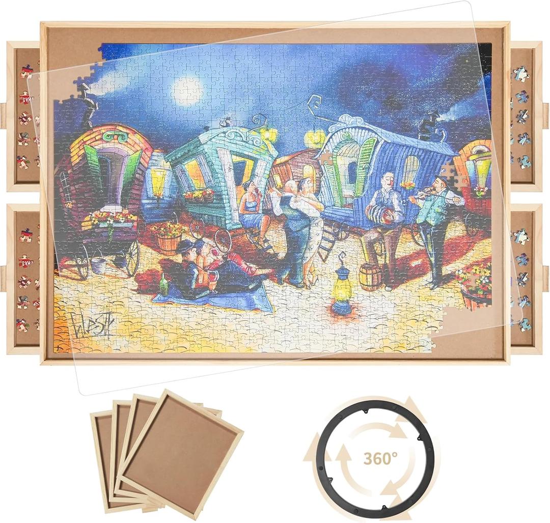 2000 Pieces Rotating Puzzle Board with 4 Drawers,40.16"x28.5" Portable Wooden Jigsaw Puzzle Table with Lazy Susan Spinning Cover for Adults (Large(2000))