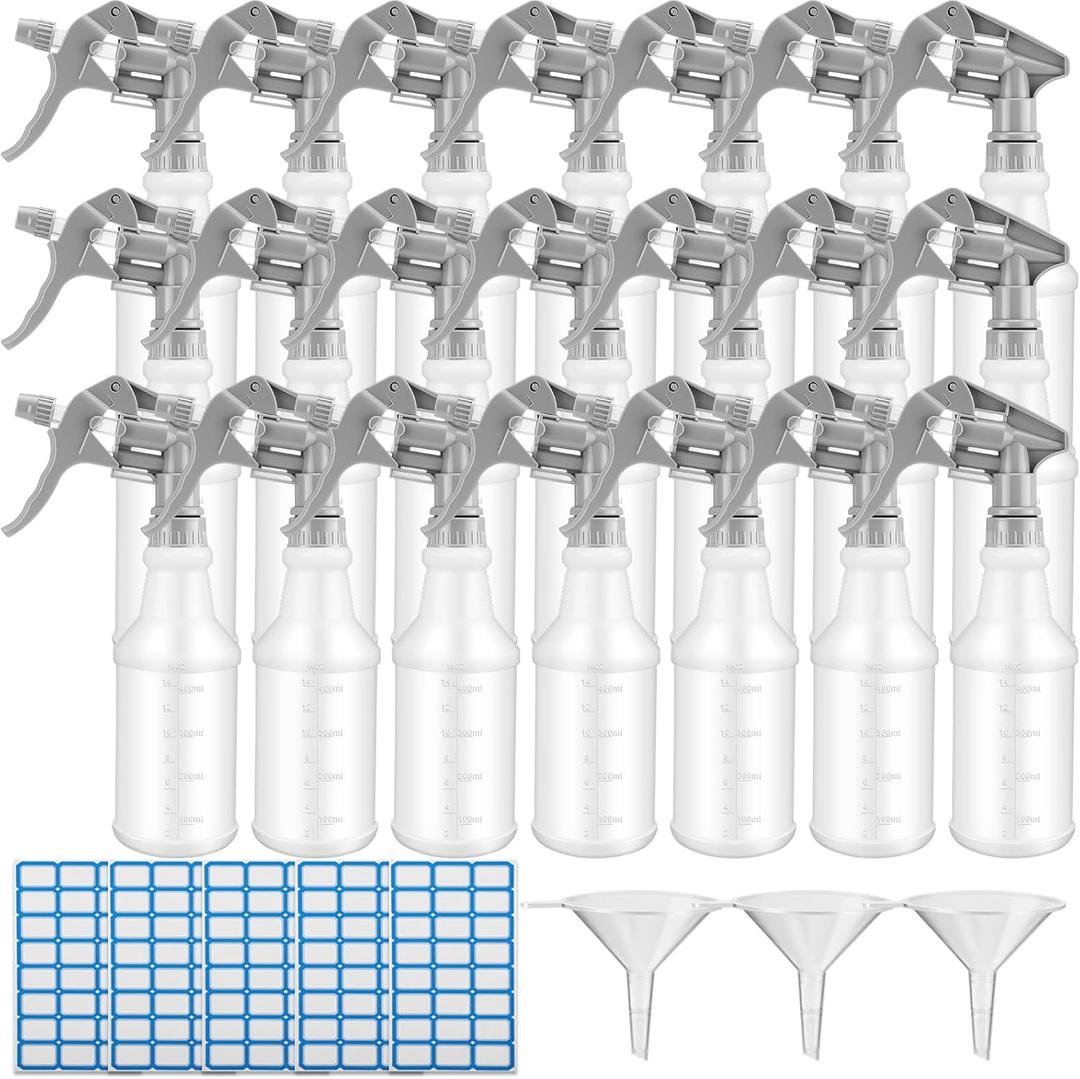 Eccliy 20 Pack 16oz Empty Spray Bottles, Leakproof Cleaning Bottles with Measurement and Adjustable Nozzle for Housekeeping, Commercial Use(Cylinder,Gray Spray Head)