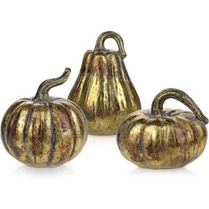 Hollyone Fall Pumpkin Decor 3 PCS Gold Resin Pumpkin Figurines Fake Pumpkins for Decorating Faux Pumpkins Fall Decorations Rustic Farmhouse Home Centerpiece for Thanksgiving Harvest Halloween Autumn