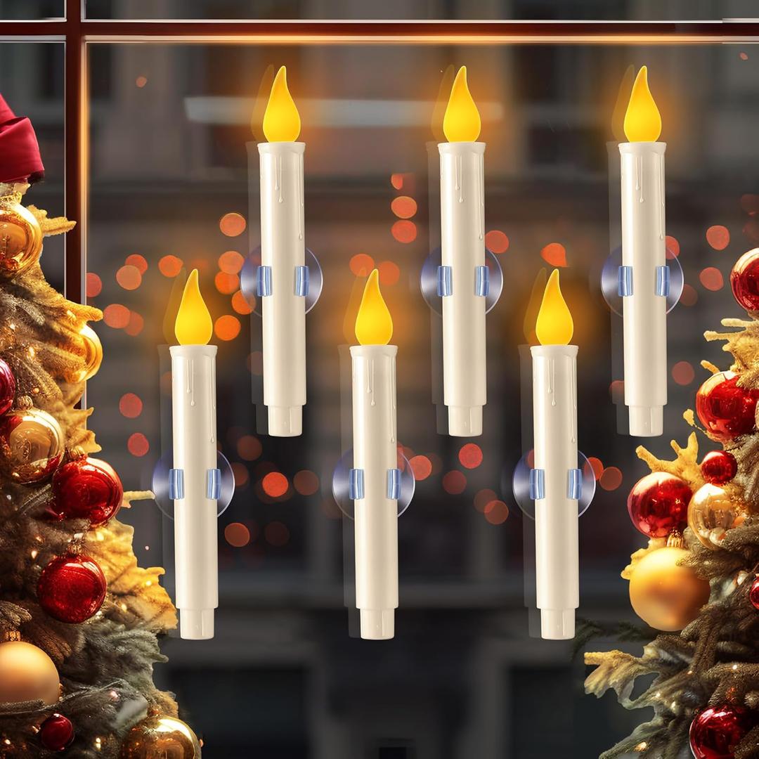 Meonum 6 Pack Window Candles Battery Operated, 7.6 Inch Christmas Candles, LED Window Decoration with Sensor Dusk to Dawn, Flameless Taper Decorations with Suction Cups for Christmas (Light Yellow)