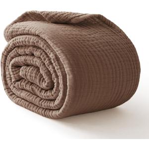 100% Cotton Muslin Blanket Queen 90" x 90", Breathable and Lightweight Cotton Throw Blankets for Bed, Soft Cooling Summer Gauze Blanket for Adults All Season, Tan