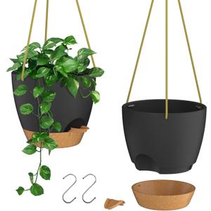 ZMTECH 6.5 Inch Hanging Planters for Indoor Outdoor Plants, 2 Pack Self Watering Hanging Plant Pots with Drainage Holes and Removable Saucer, Plastic Flower Hanging Pots with Watering Lip (Black)