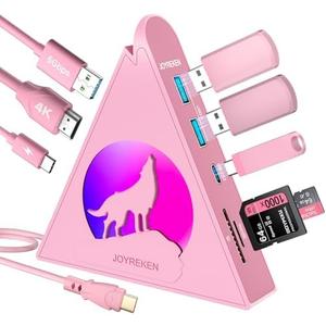 Pink USB C Hub, 8-in-1 Type C Hub with 4K HDMI, 100W Power Delivery, 5Gbps USB-C, 3xUSB-A 3.0, SD/TF Card Reader, RGB Lighting, Pink Dock for MacBook Air/Pro, iPad, iPhone16, Surface, XPS, etc.