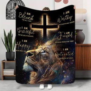 Lion Bible Christian Blanket Man Masculine Quotes Positive Inspirational Motivational Cross Birthday Presents Home Bedroom Decor Soft Cozy Plush Throw Blankets 50"x60" (Black Gold Lion)