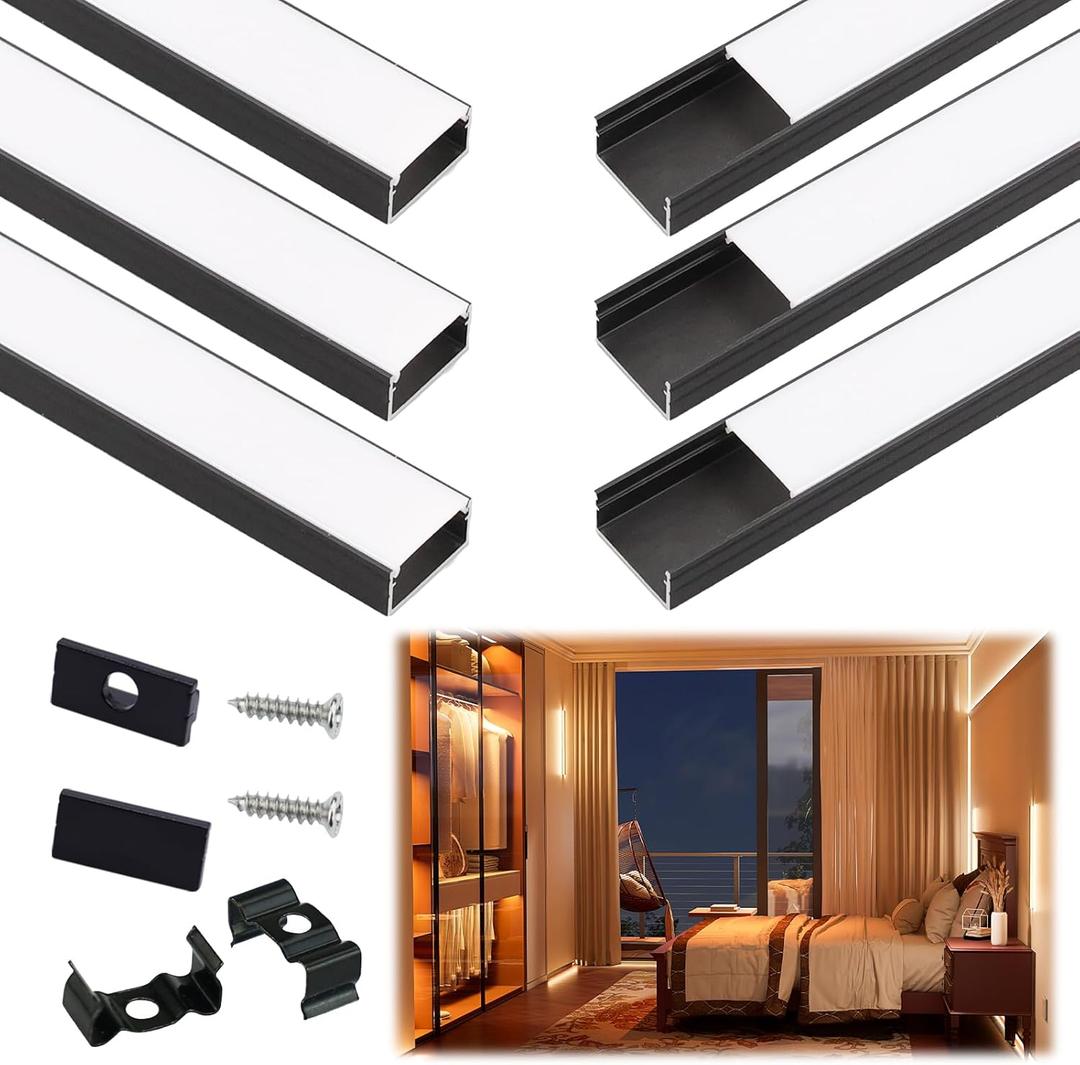 Muzata 6Pack 3.3FT/1M Wider LED Channel Black Aluminum LED Strip Diffuser Channel with Milky White Cover U102 BW 1M
