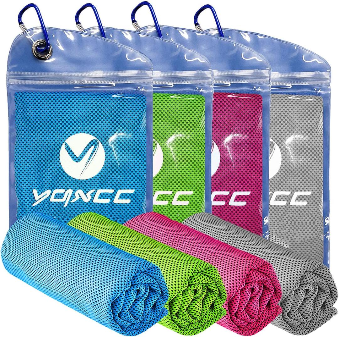 YQXCC Cooling Towels | 4 Pack 40"x12" | Cool for Neck | Microfiber Soft Breathable Chilly | for Sports, Yoga, Golf, Gym, Camping, Running, Workout & More Activities (Light Gray, Light Blue, Green, Rose Red)