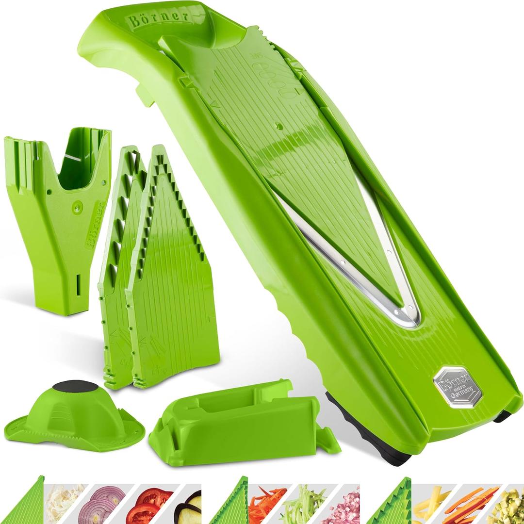 Brner Mandoline Slicer V5 (Professional Set) Adjustable Vegetable Slicer (7-piece) 10 Cutting Styles Kitchen Slicer incl. Docking Station Stainless Steel V-Blade Color: Green