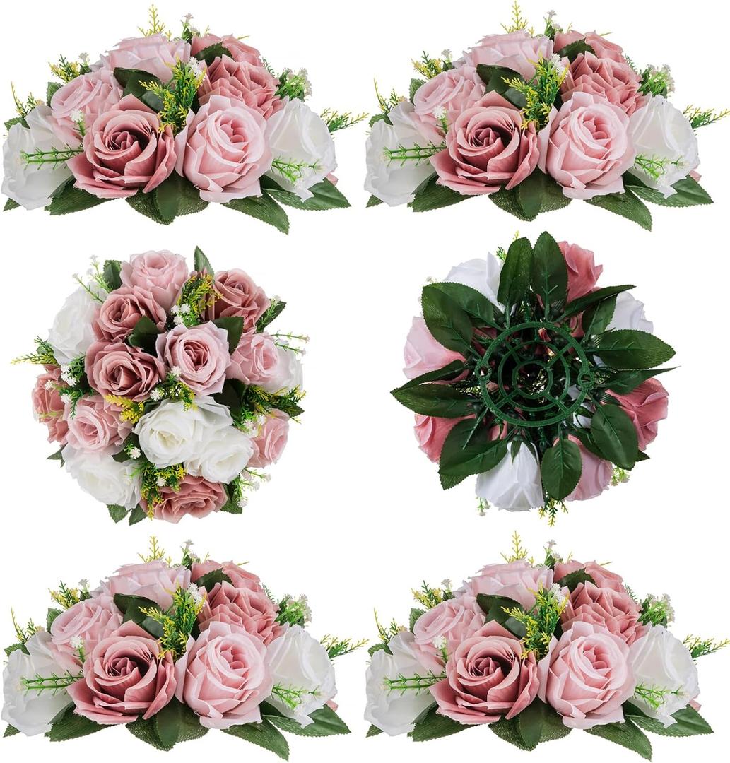 BLOSMON Dusty Rose Flowers Centerpieces: 6 Pcs Pink Roses Artificial Flowers Balls for Wedding Dinning Table - Fake Silk Kissing Floral Arrangement for Home Party Event Decor BLOSMON Dusty Rose Flowers Centerpieces: 6 Pcs Pink Roses Artificial Flowers Balls for Wedding Dinning Table - Fake Silk Kissing Floral Arrangement for Home Party Event Decor