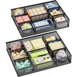 Marbrasse 2 Pack Desk Drawer Organizer, Mesh Drawer Organizer Tray with 8 Adjustable Compartments, Desk Organizers and Accessories, 5 Dividers Drawer for Office Supplies, Makeup & Vanity (Black)