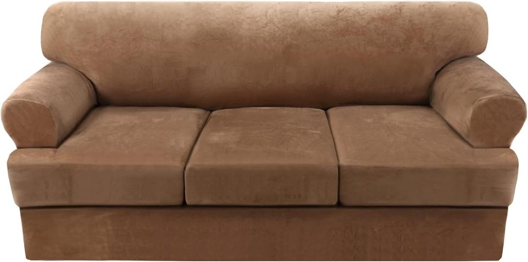 Sofa Cover 4 Piece T Cushion Sofa Slipcovers Thick Velvet Couch Cover Furniture Protector Stretch Sofa Covers for 3 Cushion Couch with 3 Individual T Cushion Covers Washable, Camel